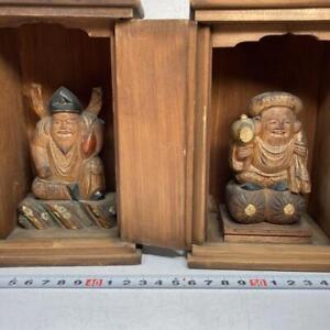 Daikokuten Ebisu God Wooden Statue With Zushi Box Set Japan Antique Old Figurine
