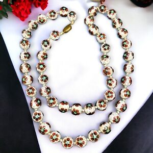 Chinese C 20 S Hand Knotted White Red Flower Cloisonne Beaded 29 Necklace