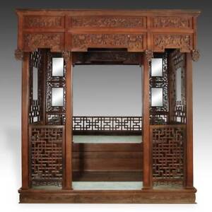 Rare Antique Chinese Wedding Bed Carved Rosewood Mirror Furniture China 19th C 