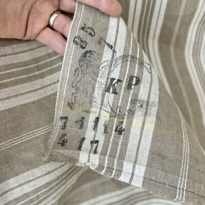 72 X 43 Stamped Chef De Piece Khaki French Ticking Vintage Fabric 19th Material