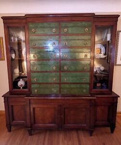 Renzo Rutili Green Leather And Mahogany Breakfront Library Cabinet With Desk
