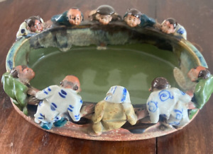 Japanese Sumida Gawa Pottery Oval Pond Bowl Dish 10 Figures 8 25 X 6 X 2 5 