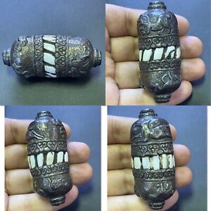 Antique Middle Eastern Ancient Solid Silver Bead With Decoration