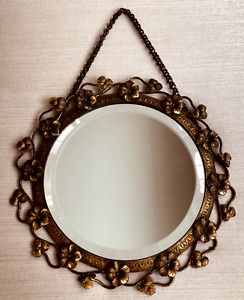 Antique Round Beveled Mirror In A Bronze Floral Vine Frame