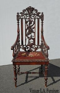 Vintage Spanish Highly Carved Ornate Throne Chair Needlepoint Floral Victorian