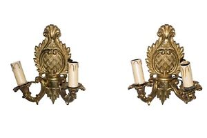Antique Pair Of Large French Empire Brass Antique 2 Light Wall Scones