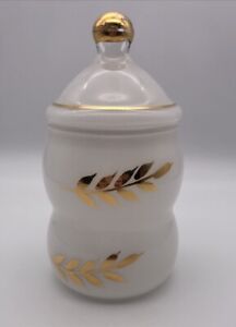 Vintage Colonial Glass Blendo Apothecary Jar W Lid Retro Glass White Gold