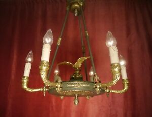 Antique Brass Empire Chandelier Green Varnish 6 Lights Eagle French Old 24 
