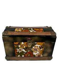 Small Antique Wood Metal Floral Pattern Black And Gold Dusted Steamer Trunk