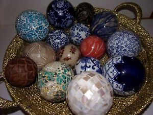 Antique Vintage Mixt Lot Of 15 Carpet Balls Orbs Spheres Ceramic Wood Mosaic 