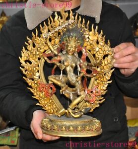 14 4 Tibet Bronze Gilt Painted 4 Arms Empty Buddha Mother Yoga Tara Statue