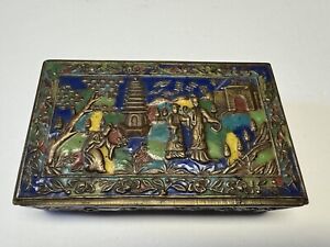 Antique Brass And Wood Chinese Intricate Box Elephants Yellow Blue Green Brass