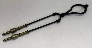 Antique Vintage Distressed Brass Cast Iron Fireplace Tool Coal Log Claw Tongs