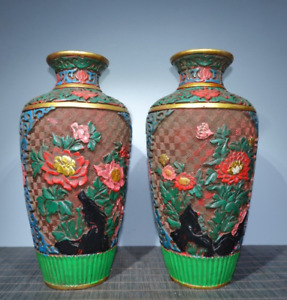 10 2 Noble Decor Pair Lacquer Gilt Big Vase Carved Peony Flower Bottle Ornament