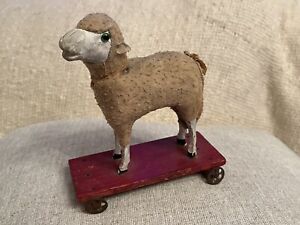 Early Primitive Wood Folk Art Handmade Pegged Platform Pull Toy Sheep Doll Putz