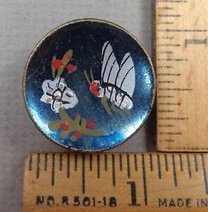 Butterfly At Flower Antique Button 1800s Japanned Brass Painted Design