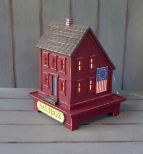 New Primitive Folk Art Lighted Saltbox House With Display By Jd Courson