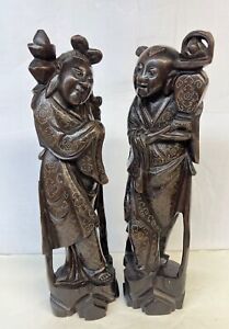 Pair Of Chinese Antique Wooden Statues With Inlaid H 13 1 2 Inches