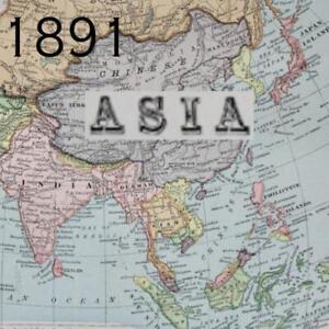 1891 Asia China India Persia Arabia Siberia Siam Antique Map Color Victorian Era