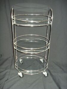 Vtg Chrome Metal Glass 3 Tier Cocktail Plant Stand Table On Casters Mid Century