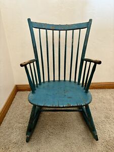 Aafa 1800 Early Primitive Windsor Rocking Chair Original Blue Paint