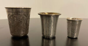 Antique Russian Silver 84 Engraved Kiddush Vodka Shot Cups Hallmarked Set Of 3 