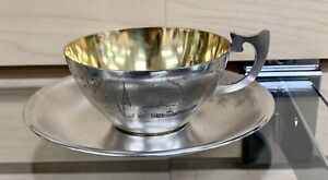 Vintage 1960 Russian Sterling Silver 875 Cup Plate Gold Wash Tea Set Moscow