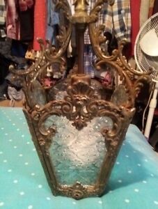 Antique Ornate Brass Lamp Vintage Victorian Gothic Swag Glass Ancient Tudor