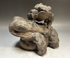 Frog Pair Figure 311 Japanese Carve Wood Mother Toad Baby Kid Sculpture Figurine