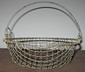 Antique Metal Wire Circular Basket With Folding Handle 8 Farmhouse Country