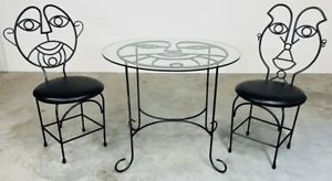 Vintage John Risley Style Solid Iron His Hers Face Dining Set Table Chairs