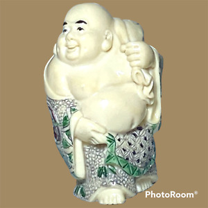 Happy Buddha Figurine Resin Carrying Sack Ivory Cream 4 Tall