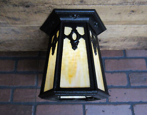 Antique 1920 S Cast Iron Porch Ceiling Light Amber Glass Craftsman Bungalow