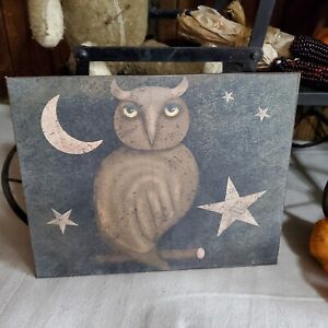 Old Primitive Vintage Folk Art Style Fall Halloween Owl Stars Moon Sign Canvas