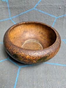 Antique Pyrography Wooden Bowl Grapes Leaves Pattern Wood Burning