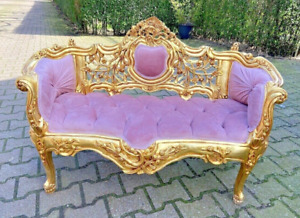 Luxurious French Louis Xvi Style Settee Pink Velvet Upholstery With Gold Frame