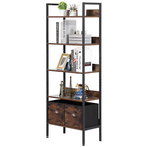 5 Tier Industrial Bookshelf Bookcase W Storage 2 Drawers For Home Office Brown