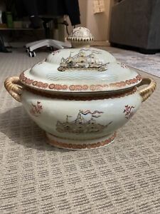 Rare Chinese Famille Rose Ship Soup Tureen With Lid