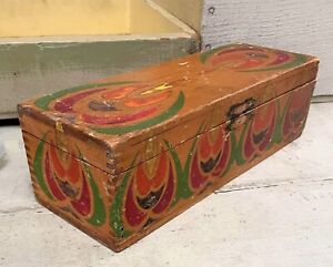Antique Folk Art Wood Box Colorful Stenciled Farmhouse Wooden Box Dove Tail Crnr