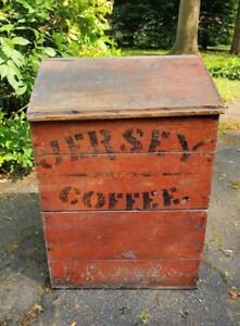 Early Primitive Wooden Jersey Coffee Bin Original Old Red Blue Paint