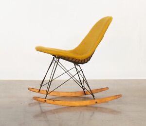1950s Eames Rkr Rocking Wire Side Chair With Yellow Hopsak Original Cover 