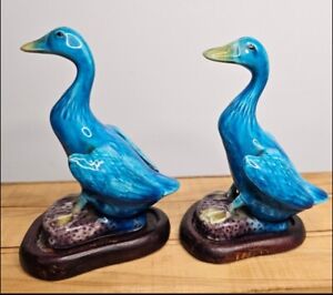 Vintage Chinese Antique Export Turquoise Porcelain Figural Ducks With Wood Mcm
