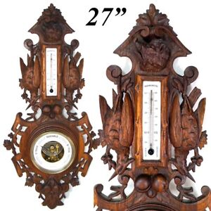Antique Victorian Black Forest Carved Oak 27 Wall Barometer Game Birds Boar