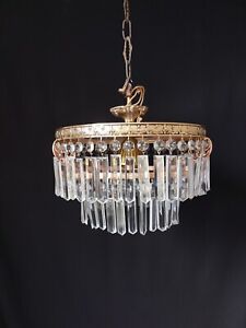 Vintage Brass Crystals French Empire Chandelier Ceiling Lamp 1 Light