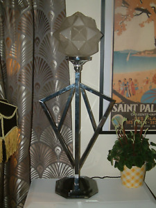 Original Stunning Large Mid Standard Table Chrome Art Deco Lamp Lampe Star Shade