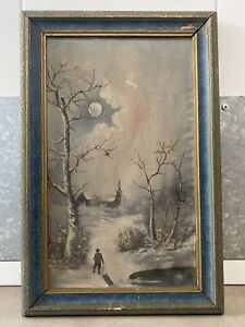  Antique Old 19th C American Folk Art Sledding Winter Landscape Oil Painting