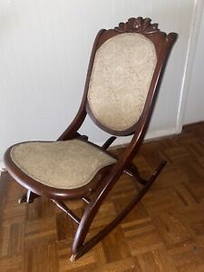 Vintage Antique Folding Wooden Rocking Chair Carved Floral Design Carl Forslund