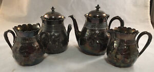 Antique Victorian Pairpoint Silverplate Single Serve Teapot Tea Set 108 Rose Dec