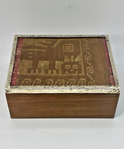Pre Columbian Textile Fragment Chancay Peru Vintage 925 Sterling Silver Wood Box