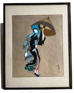 Japanese Geisha Beauty In The Rain Ink Pigment On Silk After Kitagawa Utamaro